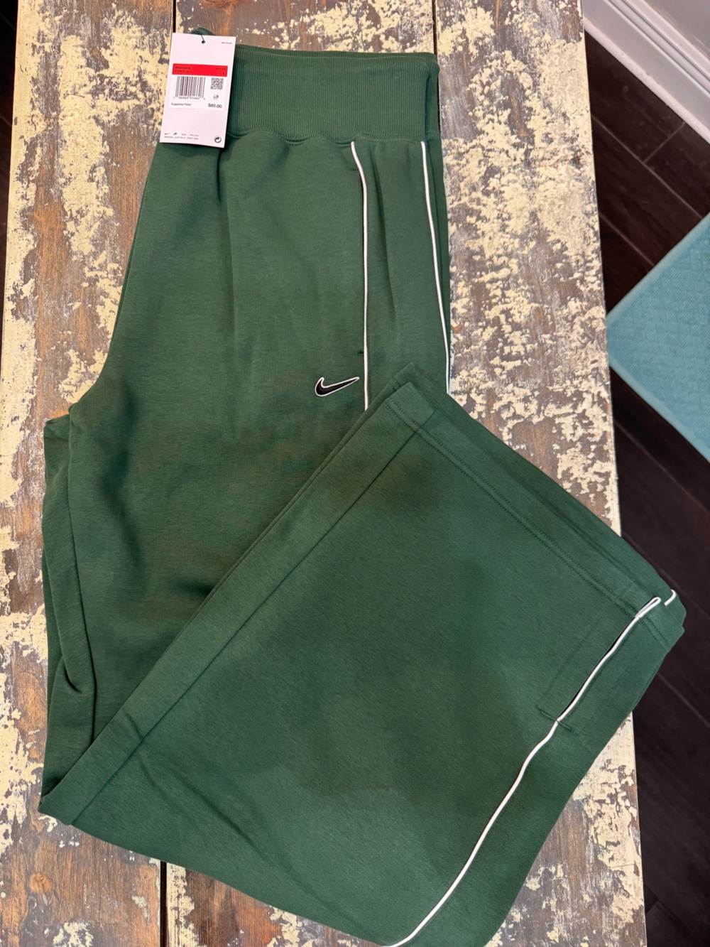 Womans Nike Forest Green Wide Leg Track Pants with White Piping